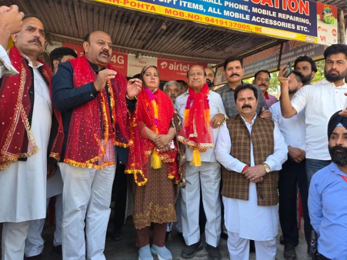 Senior NC leaders with party candidate for Nagrota bypolls Shamim Begum during election campaign in Nagrota constituency.