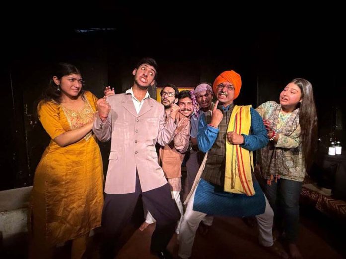 A scene from the play ‘Purvabhyaas’ staged by Natrang in Jammu on Sunday.