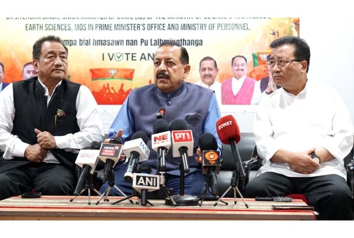 Union Minister Dr Jitendra Singh addressing a press conference at BJP State headquarters, Atal Bhawan at Aizawl, Mizoram  on Wednesday.