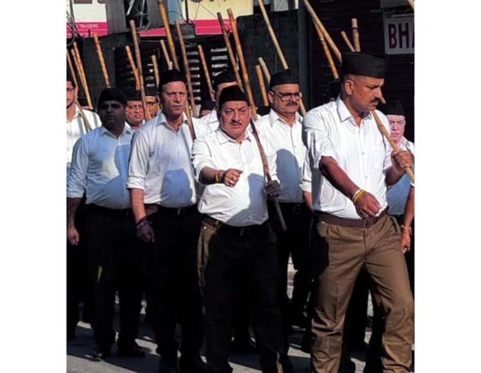 RSS volunteers from Mookherjee Nagar, Jammu taking out route march on Sunday. RSS volunteers from Mookherjee Nagar, Jammu taking out route march on Sunday.