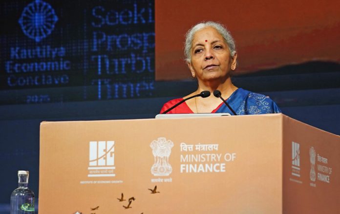 Union Minister for Finance Nirmala Sitharaman addressing the gathering in New Delhi on Friday. (UNI)