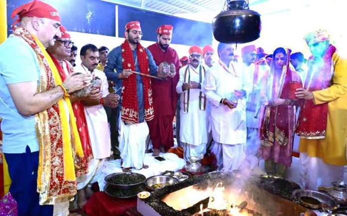 Purnahuti being performed as Shat Chandi Yagya concludes at Mata Vaishno Devi Shrine on Wednesday.