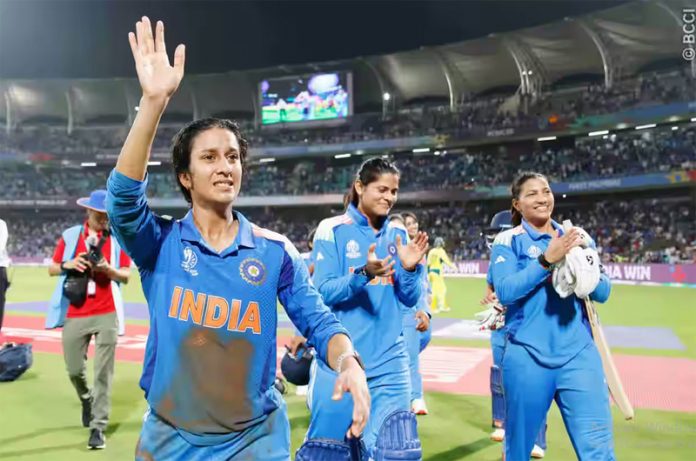 Jemimah Rodrigues receiving applauds from spectators after scoring match winning hundred against Australia in semifinal match at Navi Mumbai.