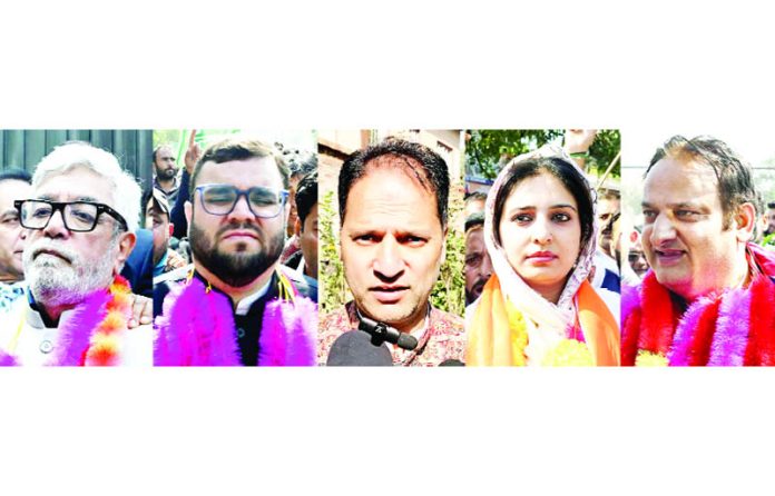 Candidates after filing papers in Budgam. —Excelsior/Shakeel Candidates after filing papers in Budgam. —Excelsior/Shakeel