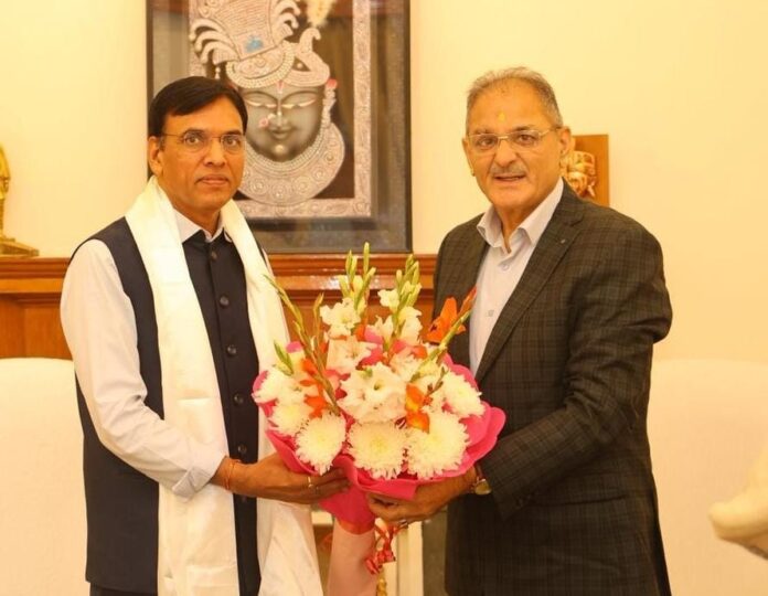 LG Ladakh Kavinder Gupta meeting Union Sports Minister Dr. Mansukh Mandaviya at New Delhi on Saturday.