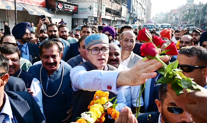 CM Omar Abdullah receiving rousing welcome in Jammu City on way to Civil Secretariat on Monday. CM Omar Abdullah receiving rousing welcome in Jammu City on way to Civil Secretariat on Monday.