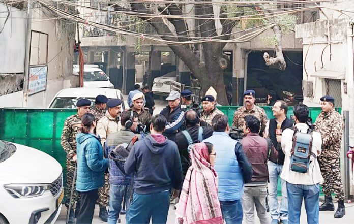 Officials at the site after Enforcement Directorate (ED) conducts a raid at the Delhi office of Al Falah University in Okhla on Tuesday. Officials at the site after Enforcement Directorate (ED) conducts a raid at the Delhi office of Al Falah University in Okhla on Tuesday.