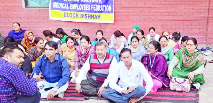 FMPHWs sitting on protest in Bishnah block of Jammu district.