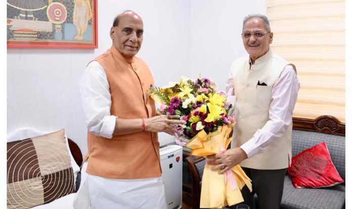 LG Ladakh, Kavinder Gupta during a meeting with Defence Minister, Rajnath Singh in New Delhi on Monday.