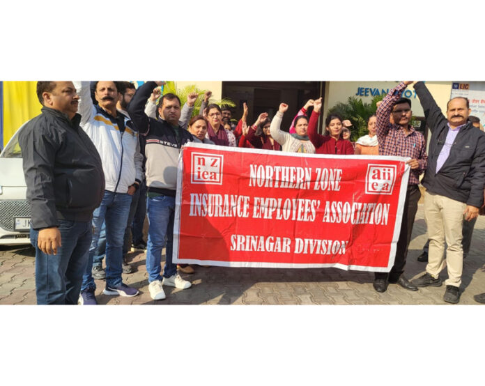 LIC employees protesting in Srinagar on Wednesday.