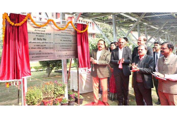 Union Minister Dr Jitendra Singh inaugurating the newly installed Solar Power System at India Meteorological Department (IMD) headquarters, Mausam Bhawan, New Delhi on Thursday.