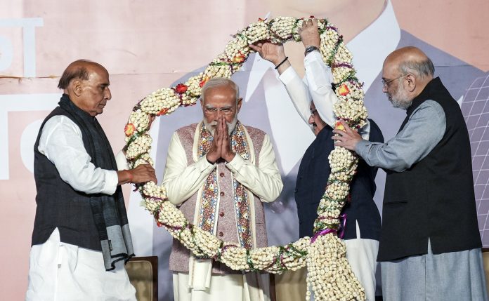 Prime Minister Narendra Modi being felicitated by Home Minister Amit Shah, Defence Minister Rajnath Singh and Health Minister and BJP National President JP Nadda during the celebration of NDA’s victory in the Bihar Assembly elections, at BJP headquarters, in New Delhi.