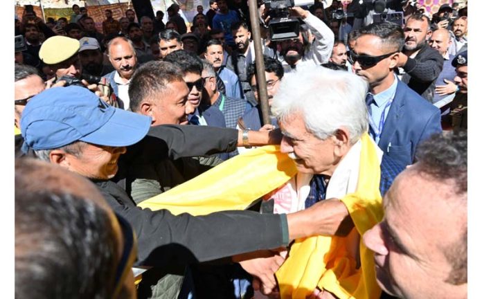 LG Manoj Sinha during his visit to Chishoti Paddar in Kishtwar on Monday. LG Manoj Sinha during his visit to Chishoti Paddar in Kishtwar on Monday.