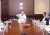 Home Minister Amit Shah chairs a high-level security review meeting in New Delhi on Tuesday. (UNI)