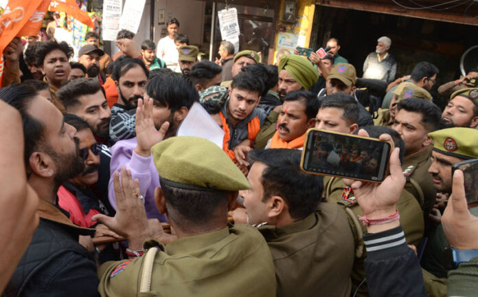 Activists of Rashtriya Bajrang Dal staging a protest in Jammu. -Excelsior/Rakesh