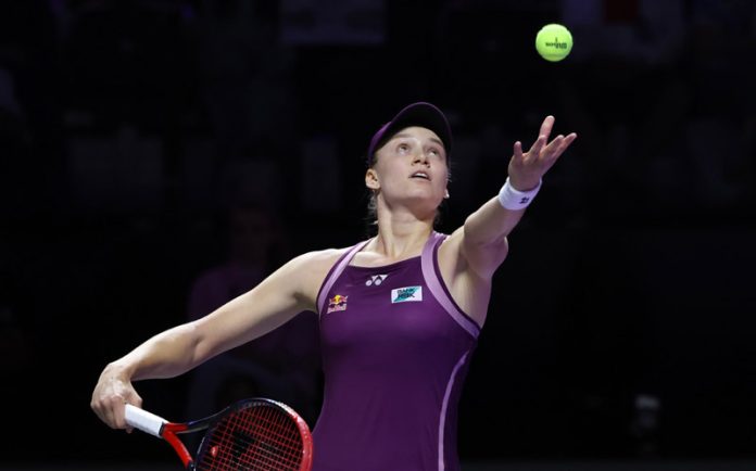 Elena Rybakina of Kazakhstan serves during the round robin match at WTA Finals tennis tournament in Riyadh. (UNI) Elena Rybakina of Kazakhstan serves during the round robin match at WTA Finals tennis tournament in Riyadh. (UNI)
