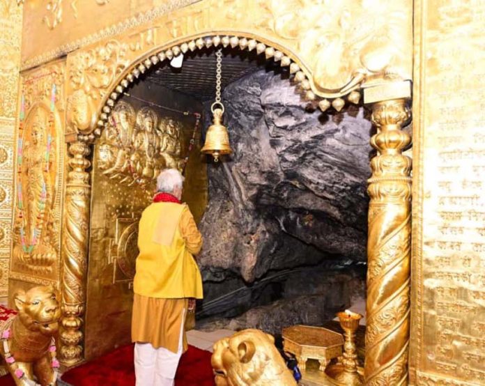 LG Manoj Sinha paying obeisance at Shri Mata Vaishno Devi Ji Shrine on Thursday.