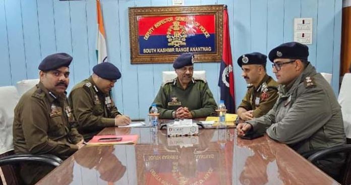 DGP J&K Nalin Prabhat chairing a meeting of senior police officers in Anantnag.