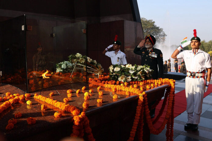 Dignitaries from JK&L NCC Directorate paying their respect to the fallen soldiers at Balidan Stambh Jammu on Sunday. Dignitaries from JK&L NCC Directorate paying their respect to the fallen soldiers at Balidan Stambh Jammu on Sunday.