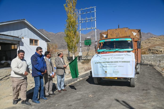 Dr Jaffer Akhoon flagging off the first consignment of dried Seabuckthorn to Chandigarh on Saturday. Dr Jaffer Akhoon flagging off the first consignment of dried Seabuckthorn to Chandigarh on Saturday.