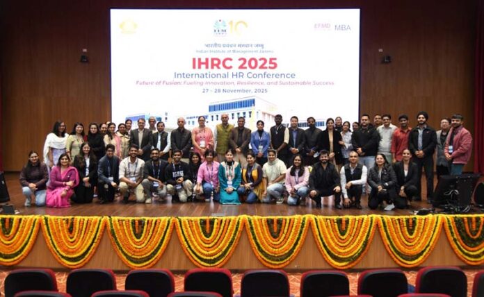 Dignitaries on the dais during the valedictory ceremony of International HR Conference at IIM Jammu on Friday.