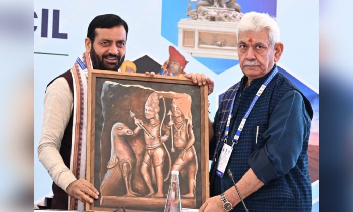 LG Manoj Sinha with Haryana CM Nayab Singh Saini in Faridabad on Monday.