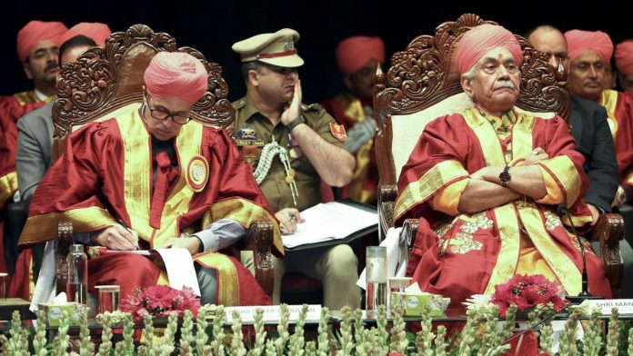 J&K L-G Manoj Sinha and Chief Minister Omar Abdullah during the 19th (Second Special) Convocation of Jammu University, in Jammu