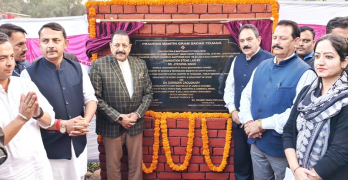Union Minister Dr Jitendra Singh laying foundation stone of PMGSY road at Udhampur on Saturday. —Excelsior/K Kumar