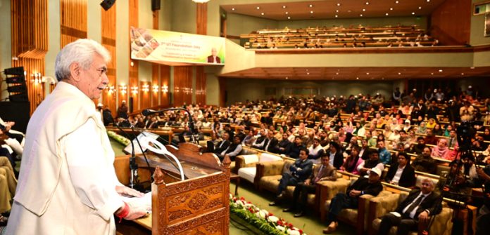 LG Manoj Sinha addressing UT Day function in Srinagar on Friday.