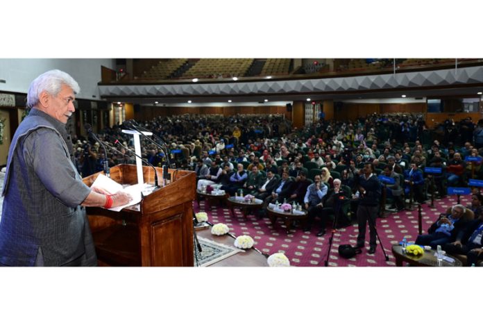 LG Manoj Sinha addressing an international seminar in Srinagar on Saturday. LG Manoj Sinha addressing an international seminar in Srinagar on Saturday.
