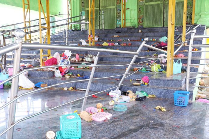 A view of collapsed iron-railing after a stampede occurred at the privately constructed Sri Venkateswara Swamy temple (known as Chinna Tirupati) in Srikakulam on Saturday. (UNI)