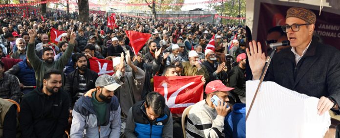 CM Omar Abdullah addressing an election rally at Mirgund, Budgam on Saturday. —Excelsior/Shakeel