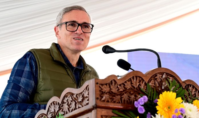 Chief Minister Omar Abdullah addressing a gathering in Srinagar on Saturday. —Excelsior/Shakeel