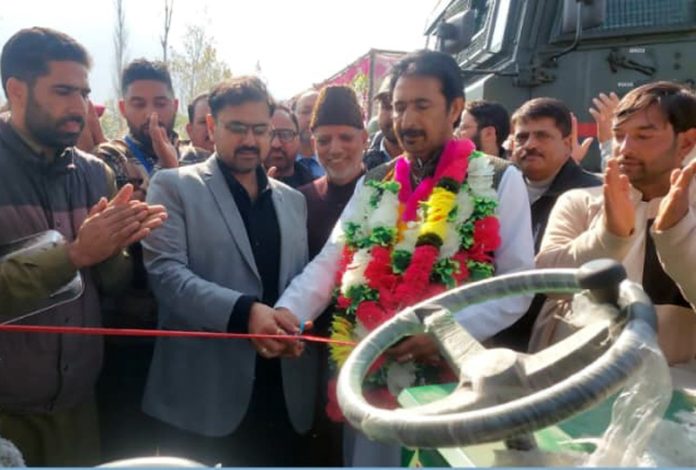 Sports Minister Satish Sharma along with MLA Verinag G A Mir inaugurating upgradation work of playfield at Dooru, Anantnag.