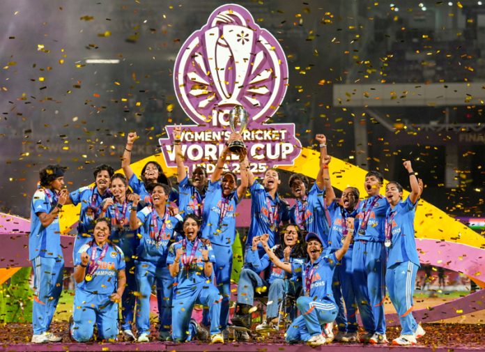 Indian Women’s Cricket Team celebrating after defeating SA in a ODI World Cup final.