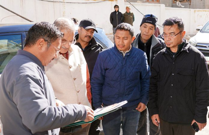 LG Ladakh Kavinder Gupta during inspection under-construction indoor ice hockey rink at NDS Stadium, Leh.