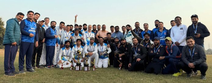 Winning team posing with dignitaries and trophies.