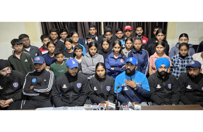 Softball players addressing a press conference in Jammu. -Excelsior/Rakesh