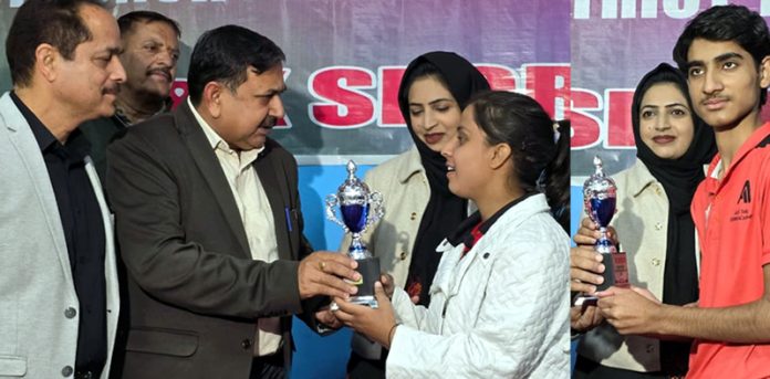 DC Poonch Ashok Sharma presenting awards to winners Adnan and Arushika Dabur during closing ceremony.