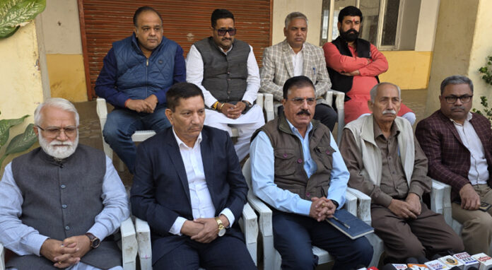 Leaders of Sangarsh Samiti addressing media persons at Jammu on Tuesday. -Excelsior/Rakesh