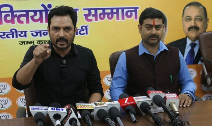BJP leaders at a press conference at Jammu on Saturday.