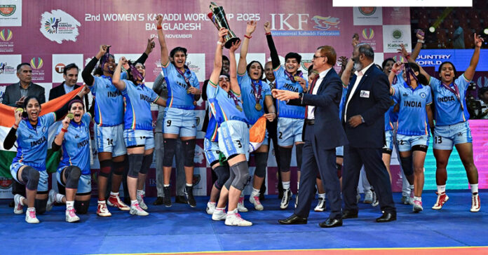 Indian Women’s Kabaddi team celebrating after winning the World Cup in Dhaka.