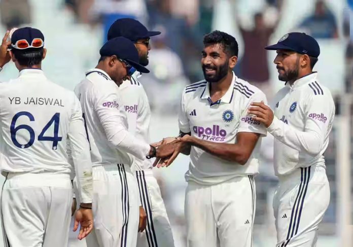 Jasprit Bumrah celebrating with team mates after taking a wicket against South Africa in 1st Test match at Kolkata. Jasprit Bumrah celebrating with team mates after taking a wicket against South Africa in 1st Test match at Kolkata.