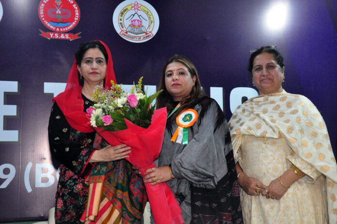 Dignitary being felicitated with a bouquet during inaugural ceremony of 69th National School Games at Jammu.