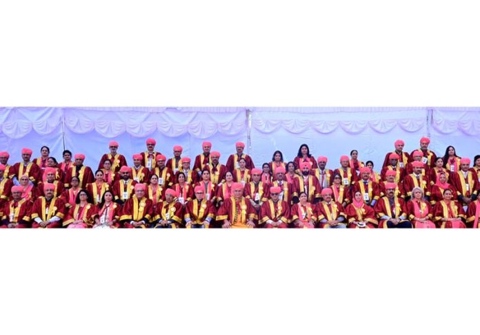 Lt Governor Manoj Sinha, CM Omar Abdullah and others in robes during 19th Convocation of Jammu University on Thursday.