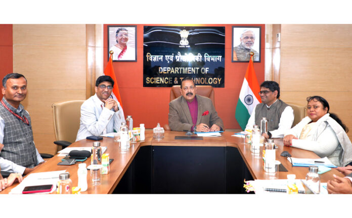 Union Minister Dr Jitendra Singh chairing a review meeting at Technology Bhawan, New Delhi on Friday.