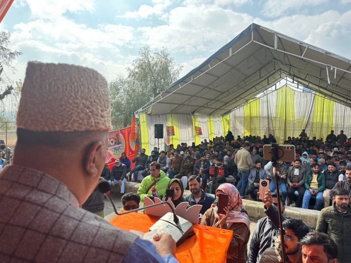 MP (RS), Gulam Ali Khatana addressing an election rally at Budgam on Wednesday. MP (RS), Gulam Ali Khatana addressing an election rally at Budgam on Wednesday.