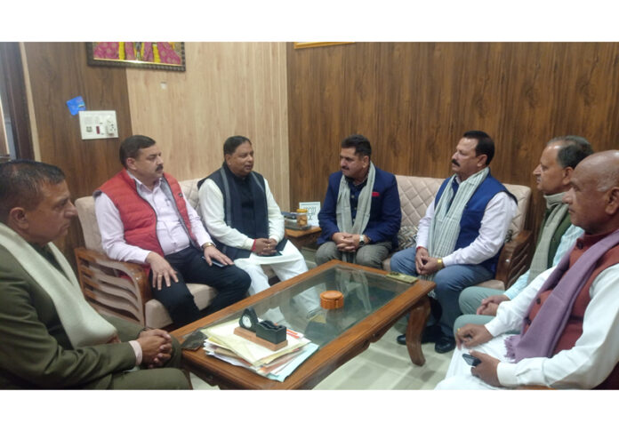 BJP chief J&K, Sat Sharma chairing a meeting of DDC chairpersons at Jammu on Thursday.