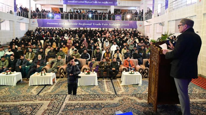 CM Omar Abdullah addressing a gathering in Kulgam on Wednesday.