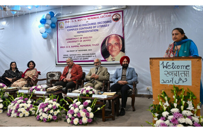 Prof Neelu Rohmetra sharing her views on the contributions of Prof DK Rampal during a programme at Jammu University on Friday.